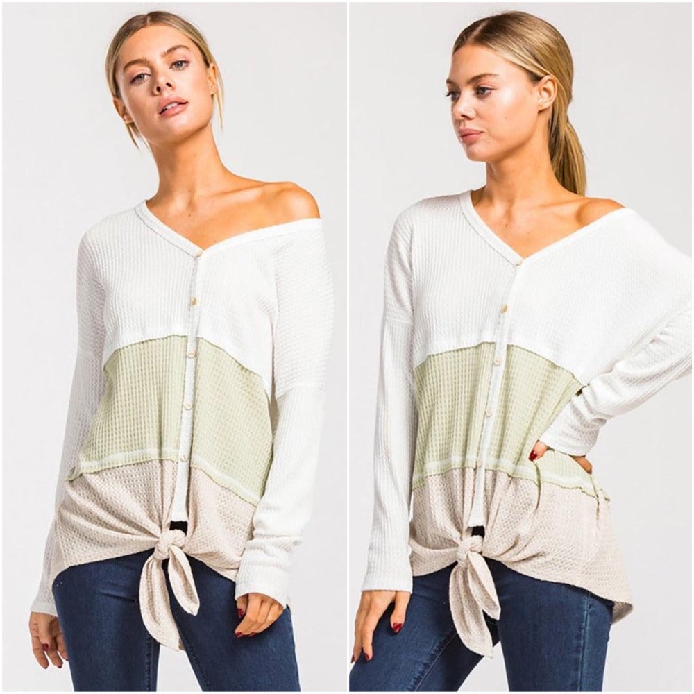 Cozy Button Detail Front Tie Waffle Top - Picture 1 of 2